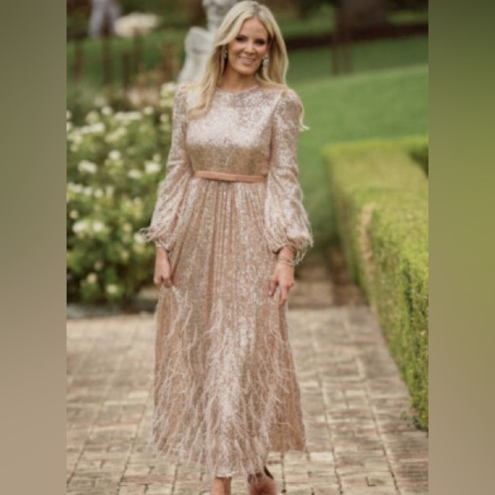 ANTONIO MELANI x Nicola Bathie Rose Gold Sequin Maxi Dress Feather Formal Size 2 - Picture 3 of 14